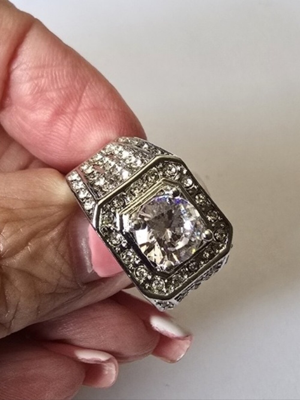 Silver Cubic Zirconia Square Bling Cocktail Ring size 9 *